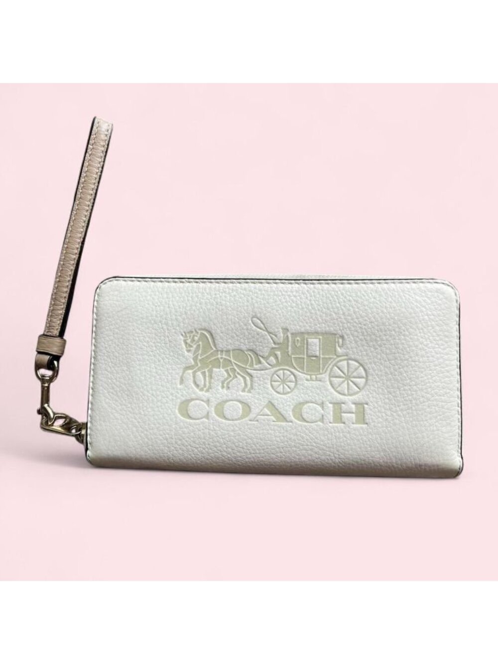 Coach Metallic Pale Silver Leather Wristlet Wallet with Coach Logo